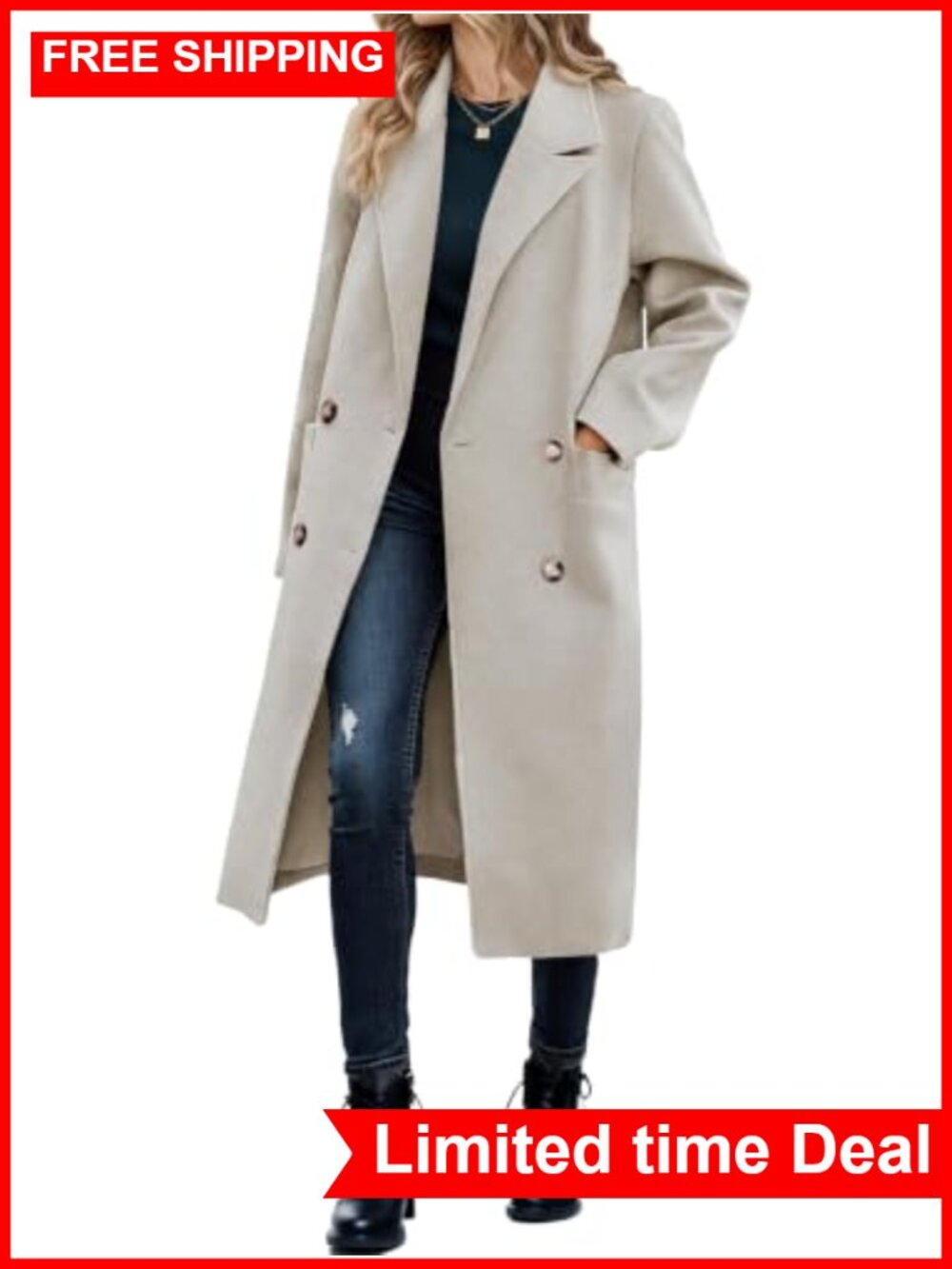 Women's Double Breasted Pea Coat Long Trench Overcoat with Pockets